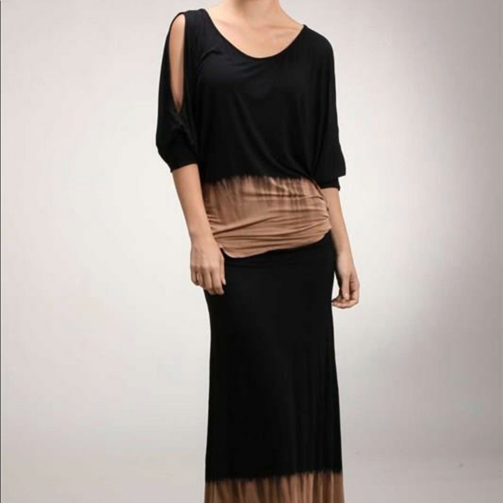 Rayon/ spandex 3/4 sleeve top and skirt.